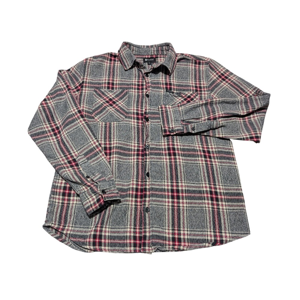 Matix Flannel Shirt Mens Large Grey Red Plaid Button Down Long Sleeve Skater
